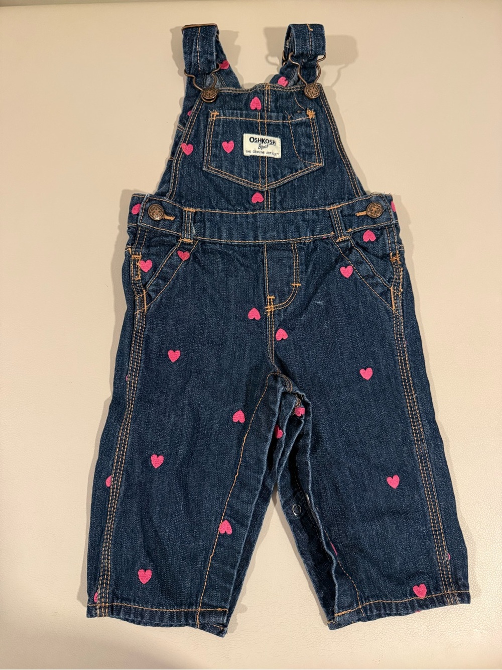 OshKosh B'gosh Dark Blue Denim Overalls with Pink Heart Print - Kids